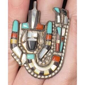 Zuni Cellicion Sterling Silver Turquoise Onyx Inlay Rainbow Kachina Ring Size 4